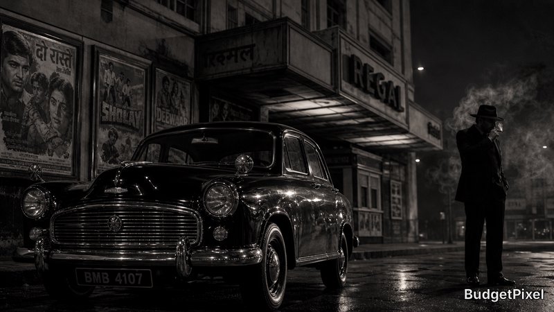 Vintage black car at night on a rain-soaked street beside an old Regal cinema, with a man in a hat smoking nearby.