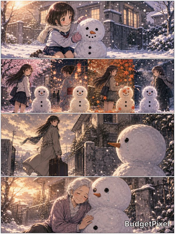 Anime-style girl building a snowman in a snowy neighborhood with warm sunset tones and a tender scene of an elderly
