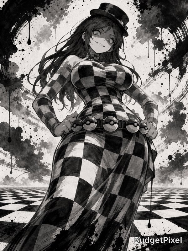 Anime-style woman in a black-and-white checkerboard dress with a top hat, standing confidently amid ink-splatter background.