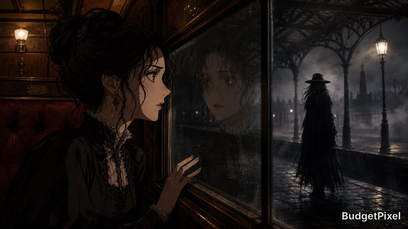 Gothic woman in a vintage dress gazes out a train window at a shadowy figure on a rain-soaked street.