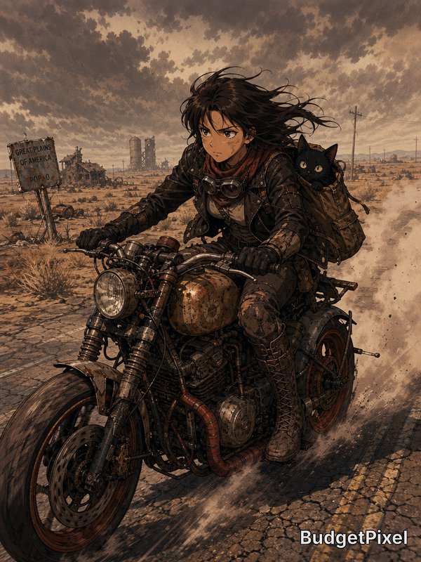 Female rider with goggles on a rugged motorcycle through a desolate desert, a black cat perched on her back.