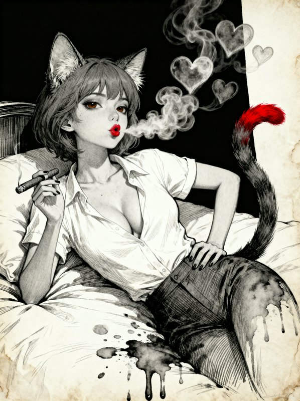 Monochrome sketch anime cat girl reclining in bed, blowing heart-shaped smoke from a cigar with red lip and tail accents