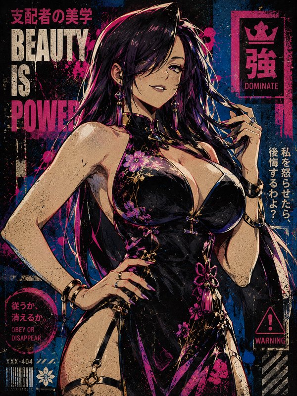 Grunge anime poster of a confident long purple-haired woman in a floral black qipao, overlaid with "Beauty is Power"