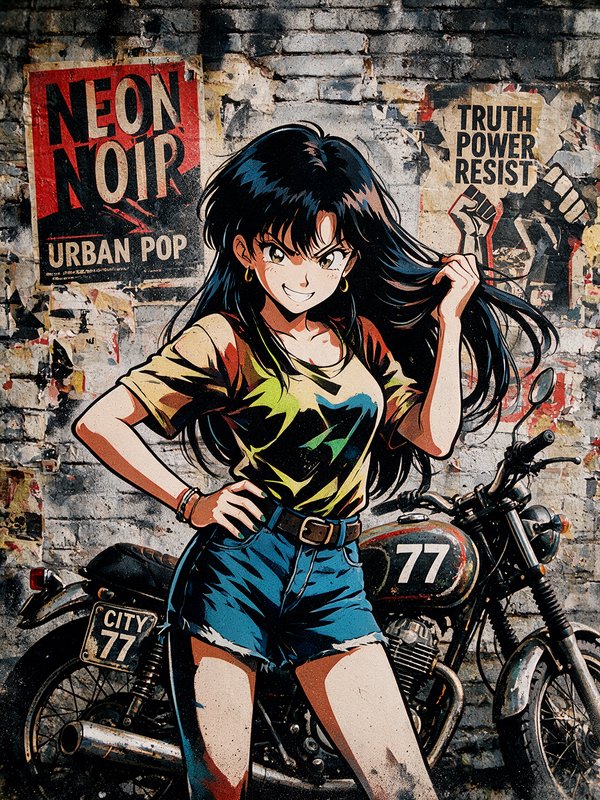 Confident retro 90s anime girl posing with a vintage motorcycle against a grungy brick wall covered in street art posters.