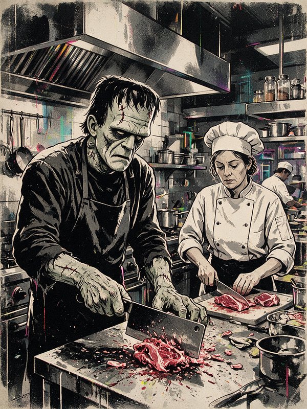 Frankenstein's monster chops raw meat as a line cook alongside a female chef in a busy commercial restaurant kitchen