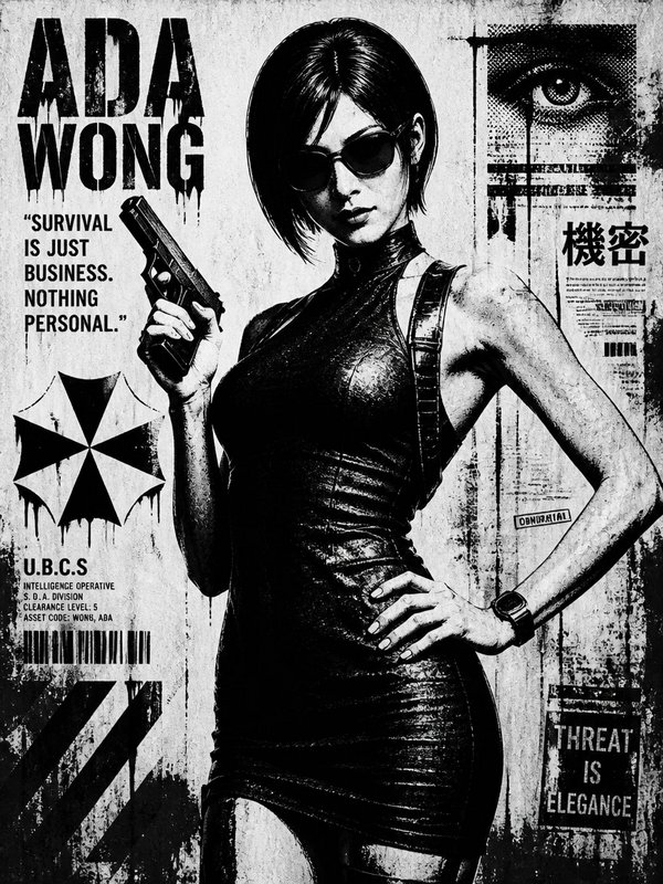 Distressed black and white grunge poster of Ada Wong from Resident Evil holding a handgun, with Umbrella lore graphic