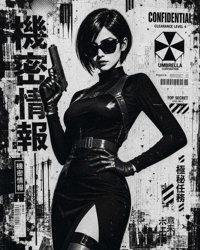 [Black and white grunge poster of a sunglasses-wearing female secret agent holding a pistol, classified Umbrella Corp back...