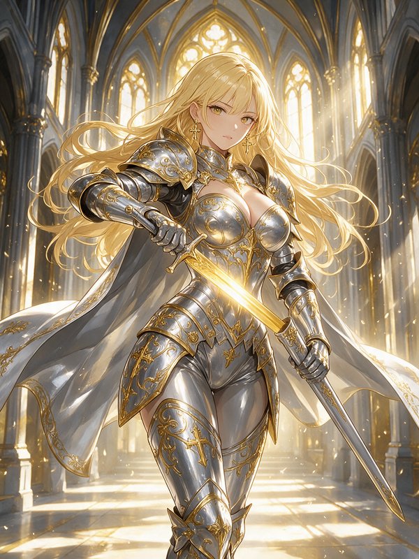 Anime female holy knight in ornate silver-gold armor draws a glowing sword inside a sunlit gothic cathedral