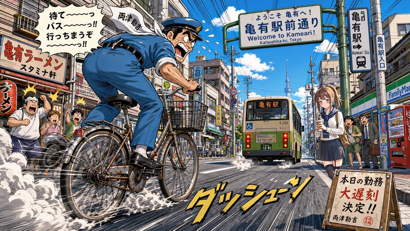 Comedic anime art of Officer Ryotsu from Kochikame racing a bicycle to catch a bus on a busy Kameari Tokyo street.