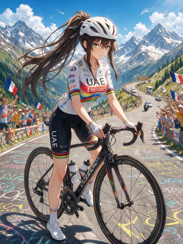 Anime female pro cyclist in UAE world champion kit paused on a mountain Tour de France race road with cheering