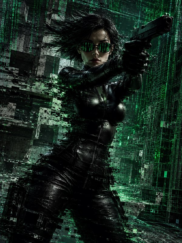 [Cyberpunk female operative in black leather aims a pistol, surrounded by falling green matrix code and digital glitch eff...
