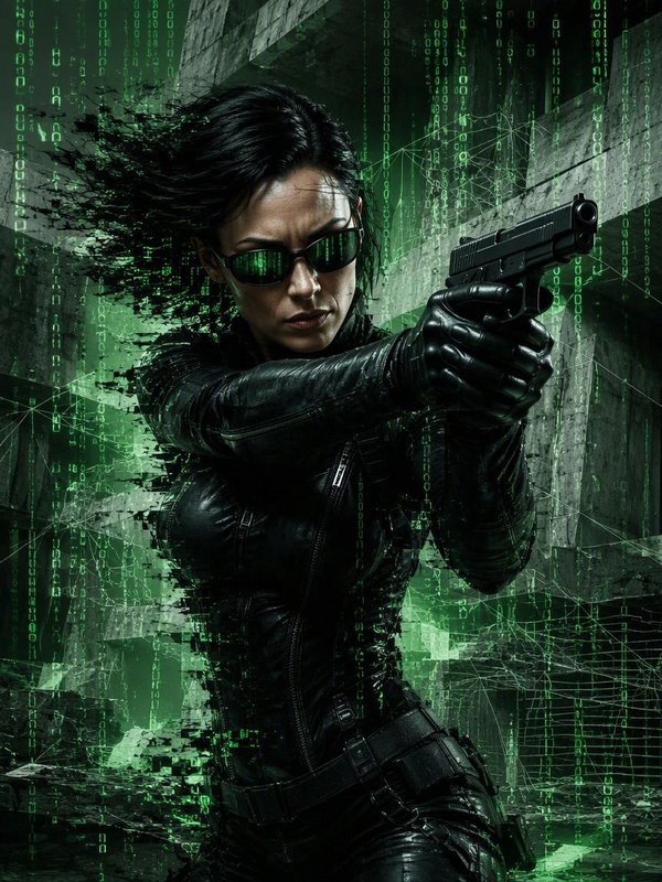 Female Matrix operative in black tactical leather aims a pistol, surrounded by glowing green falling binary glitch code.