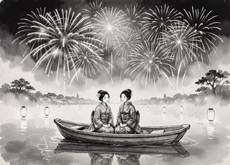 Black and white ink illustration of two women in kimono watching fireworks from a rowboat on a misty Japanese lake.