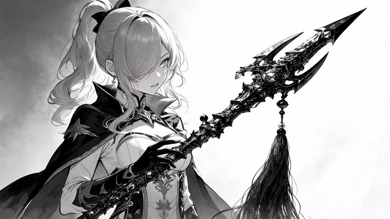 [Monochrome anime female knight with a ponytail holds an ornate dark spiked magical glaive, hair covering one eye]