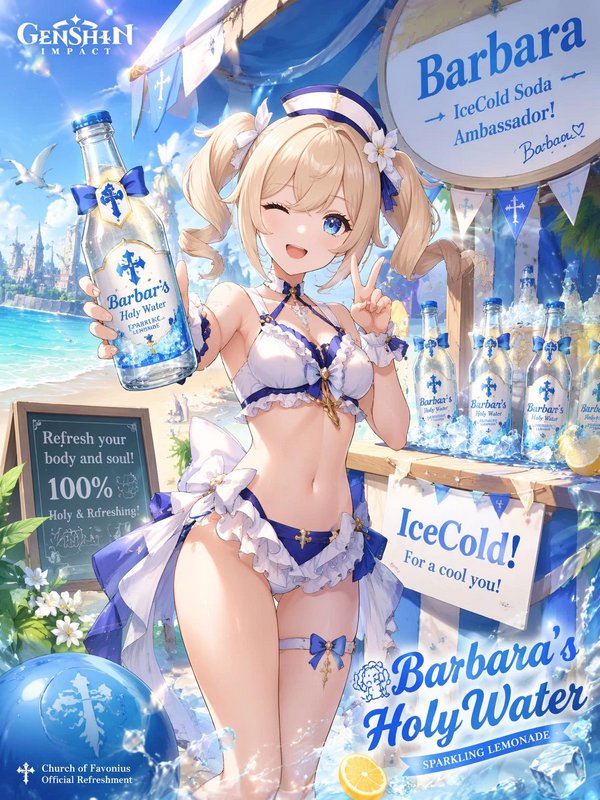 [Genshin Impact character Barbara winks, holding a lemonade bottle at her sunny beach drink stall in summer fan art.]