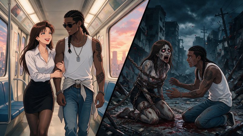 Split screen anime illustration: happy couple on a sunset subway, same man grieving his zombified partner in an apocalypse.