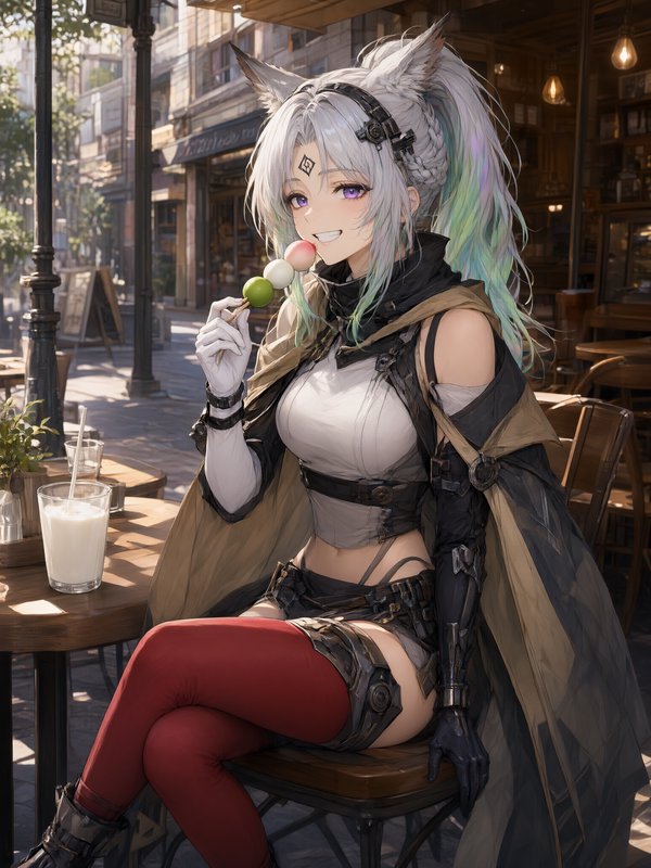 [Cheerful kemonomimi fox girl holds dango while seated at a sunlit outdoor city cafe patio]