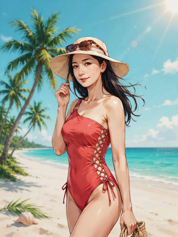 [Illustration of a woman in a red swimsuit and straw sun hat posing on a sunny tropical palm-lined beach]