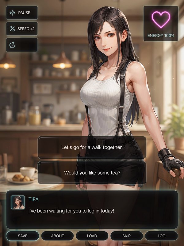 [Visual novel dating sim UI showing anime Tifa Lockhart in a cozy sunlit kitchen with dialogue selection menus]
