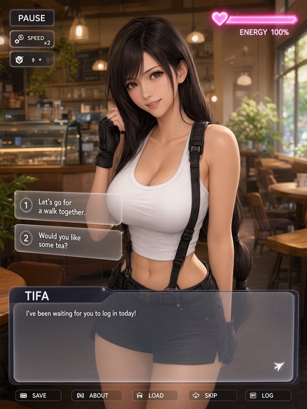 [Fanmade dating sim UI featuring Tifa Lockhart standing in a warm cozy cafe with interactive dialogue selection prompts]