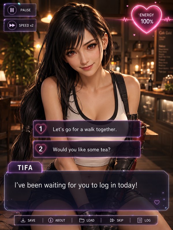 Dating sim UI featuring Tifa Lockhart in a cozy lit cafe, with dialogue choice prompts and neon game interface elements.