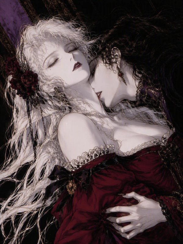 Gothic fantasy illustration of a dark-haired vampire kissing the neck of a serene pale white-haired woman in a burgundy