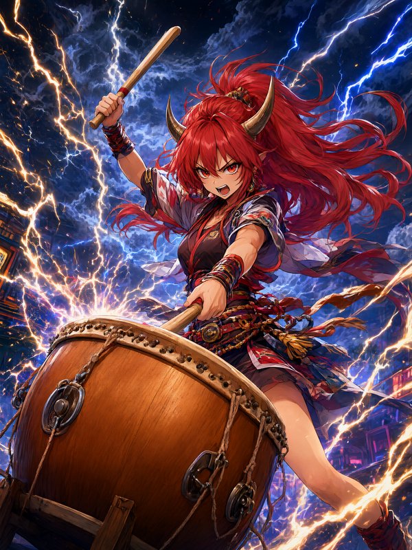 Fierce horned anime oni girl with long red hair plays a large taiko drum surrounded by swirling lightning.