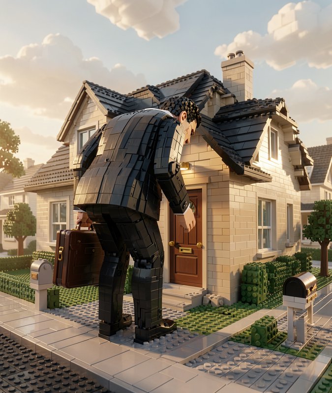 [Hunched LEGO businessman in a suit holds a briefcase, standing outside a brick suburban LEGO house at golden hour]