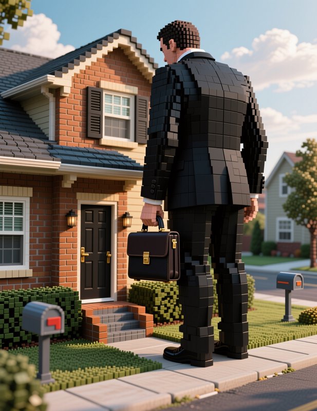 [Blocky voxel art businessman in black suit holding a briefcase stands outside a suburban brick home on a sunny day]