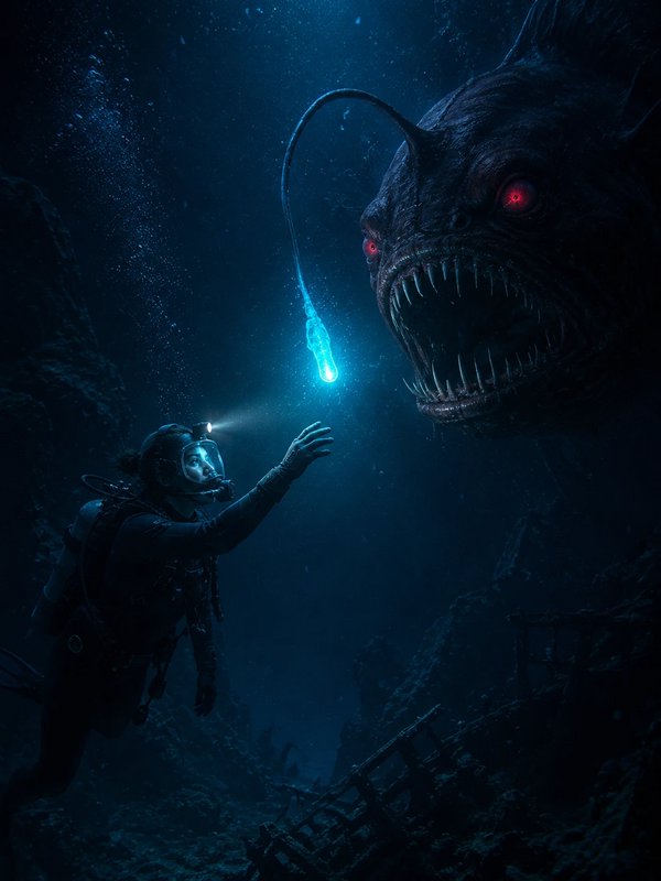 [Scuba diver reaches toward a massive menacing anglerfish sea monster in dark abyssal ocean, glowing lure between them]