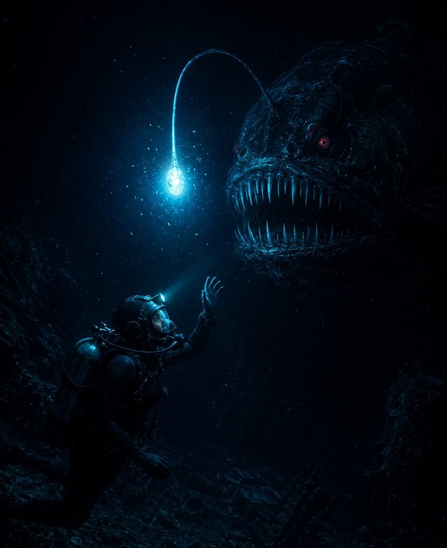 [Deep sea diver reaches toward a giant menacing anglerfish monster with glowing lure in dark abyssal ocean depths]