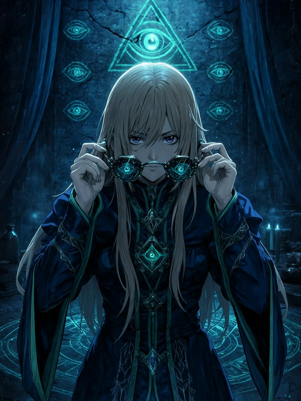 Anime occult mage holds glowing eye-themed enchanted glasses in a dark ritual chamber with all-se...