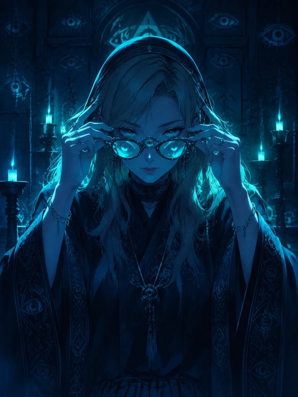 Anime occult seer adjusts glowing eyeglasses in a dark blue candlelit chamber decorated with all-...