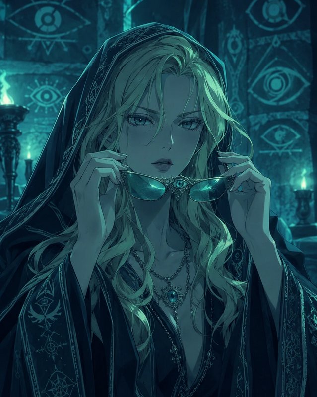 Anime blonde occult mystic holding all-seeing eye glasses in a dim teal lit mystical temple.