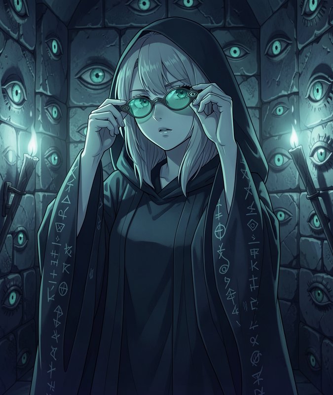 Anime hooded rune mage adjusts green glasses, inside a stone chamber covered in glowing watching ...