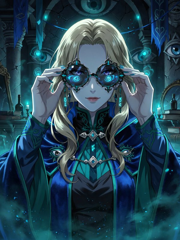 Anime blonde clairvoyant holding glowing ornate magical glasses in an eye-themed gothic arcane ch...