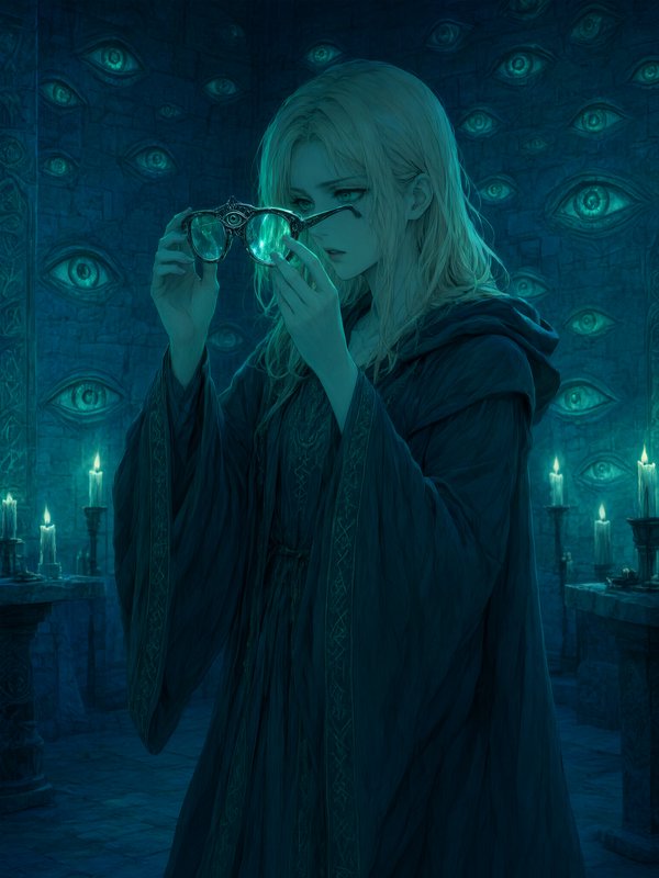 Blonde robed arcane scholar holds glowing magical glasses in a dim teal crypt chamber lined with ...