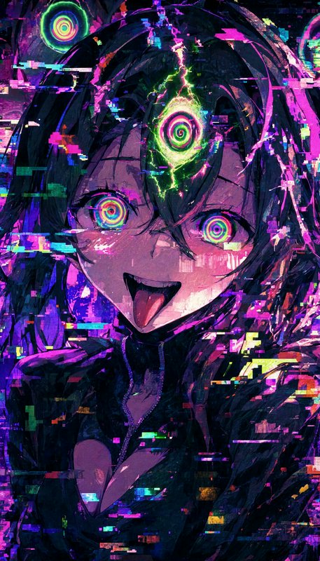 Glitch art anime girl with hypnotic spiral eyes, maniacal grin, and neon cyberpunk digital distor...