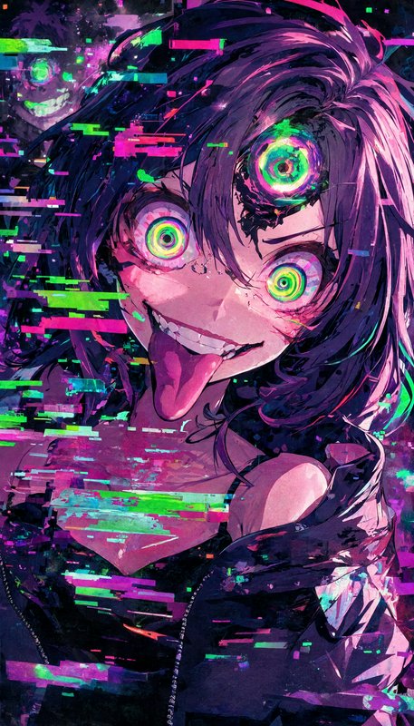 [Glitch art anime yandere girl with spiral eyes sticking tongue out, neon horror cyberpunk aesthetic]