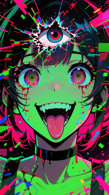 Glitchy neon anime girl with third eye, tongue-out maniacal expression, psychedelic cyberpunk ill...