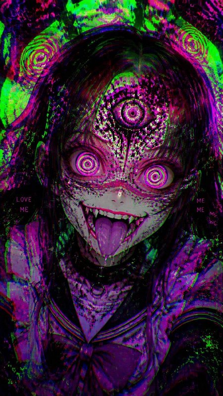 Glitchy neon horror anime schoolgirl with third eye, spiral pupils, fanged grin, trippy purple gr...