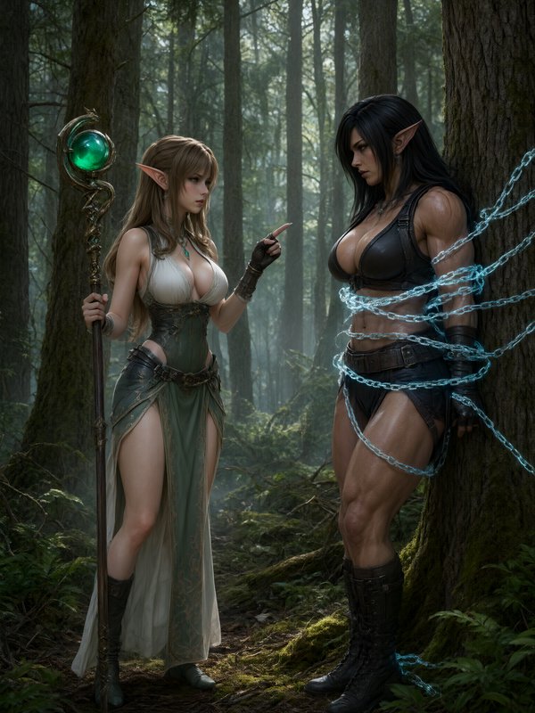 Elven mage with glowing staff confronts a chained dark elf warrior in a misty enchanted old growt...