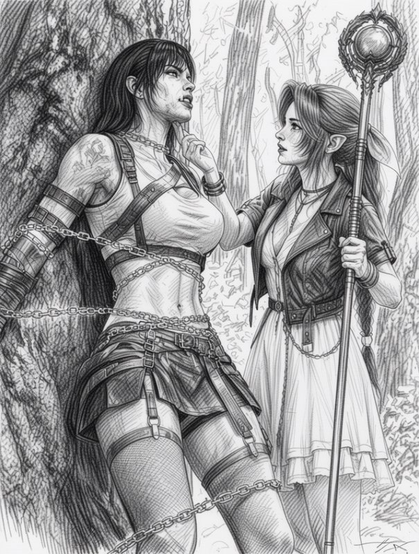 Monochrome pencil sketch of an elf mage with a staff leaning in to interact with a chained warrio...