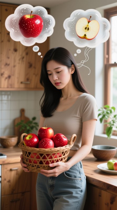 Woman holding wicker apple basket in cozy kitchen, with thought bubbles showing whole and sliced ...