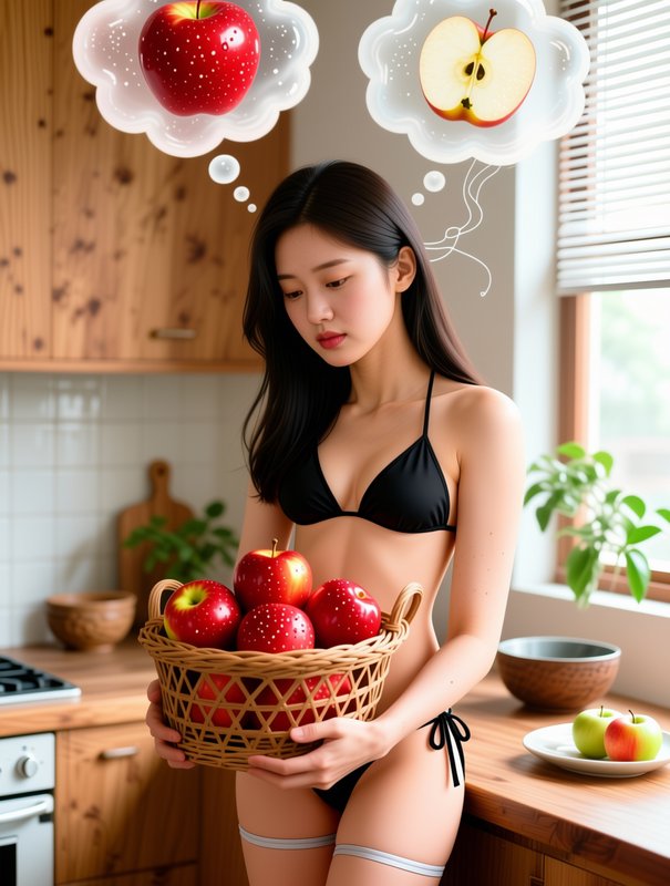Young East Asian woman holding a wicker basket of red apples, with thought bubbles comparing whol...