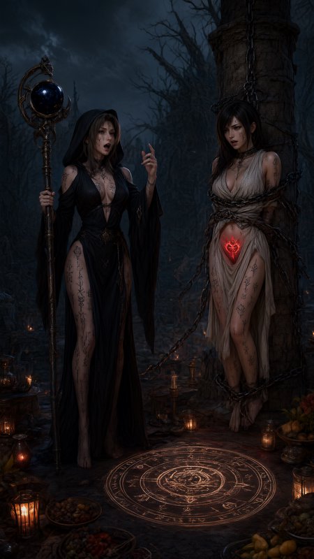 Hooded dark sorceress performs occult ritual beside chained captive woman near glowing summoning ...