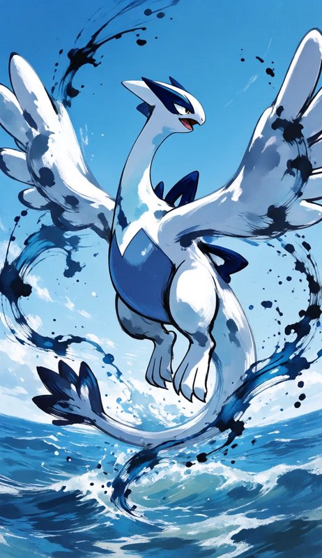 Sumi-e style illustration of legendary Pokemon Lugia hovering above crashing ocean waves under a ...