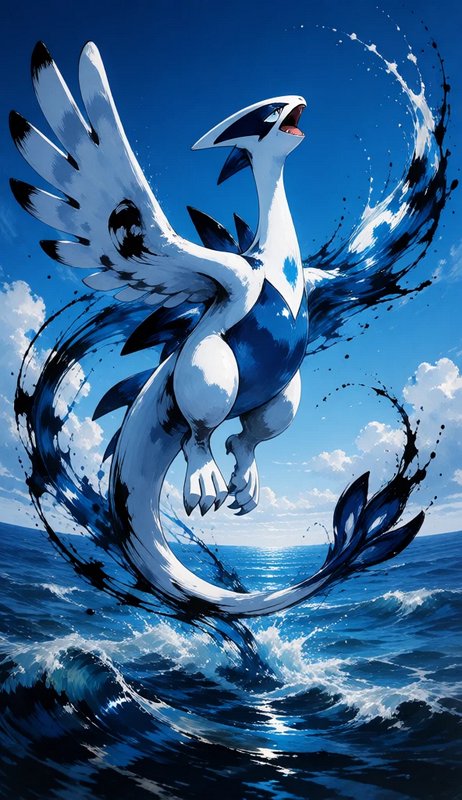 Ink-style legendary Pokémon Lugia soars above crashing ocean waves, surrounded by swirling water ...