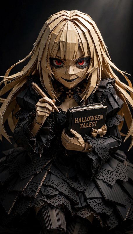 Faceted cardboard craft gothic anime girl with red eyes holding a pen and Halloween Tales book ag...