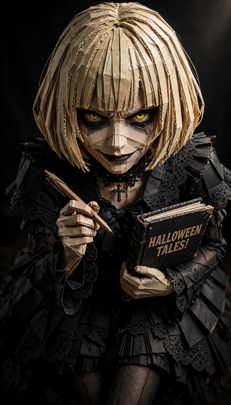 Folded cardboard paper craft gothic figure with blonde hair holding a "Halloween Tales" book and ...